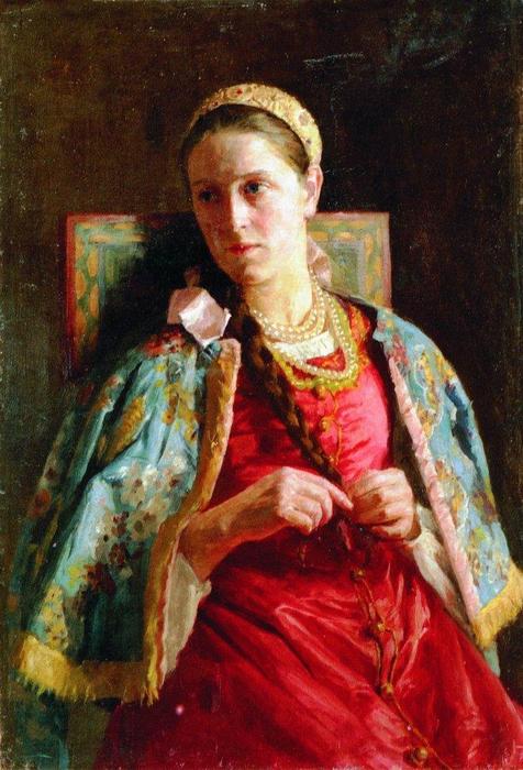 WikiOO.org – 美術百科全書 - 繪畫，作品 Konstantin Yegorovich Makovsky -  肖像  年轻的  女士 在 俄语 服装