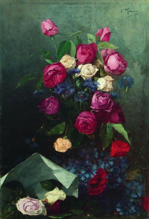WikiOO.org – 美術百科全書 - 繪畫，作品 Konstantin Yegorovich Makovsky - 静物  与 玫瑰  和 `knapweeds`