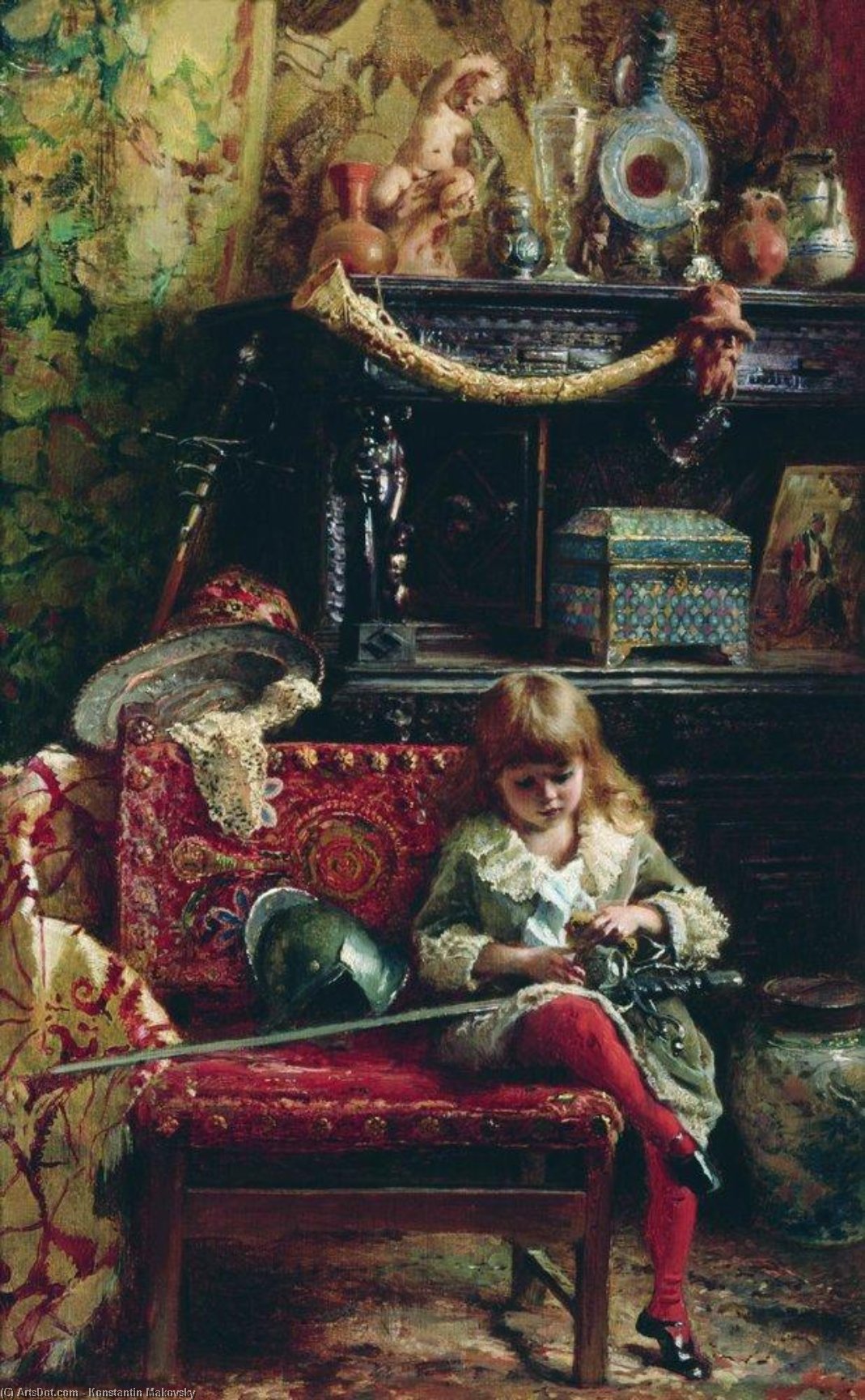 Wikioo.org – L'Encyclopédie des Beaux Arts - Peinture, Oeuvre de Konstantin Yegorovich Makovsky - portrait du fils dans l atelier ( dealer petit antique )