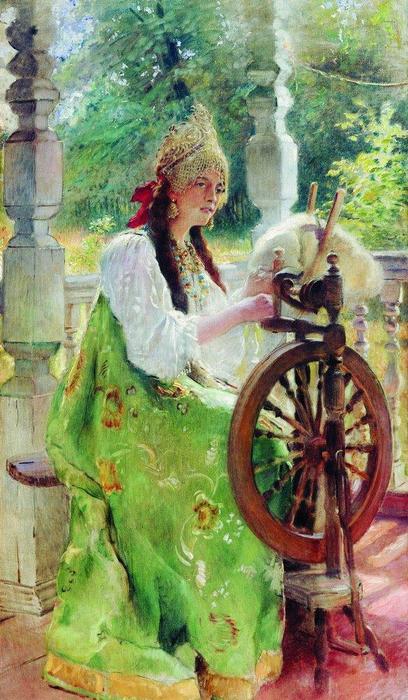 Wikioo.org - The Encyclopedia of Fine Arts - Painting, Artwork by Konstantin Yegorovich Makovsky - At the Spinning-Wheel