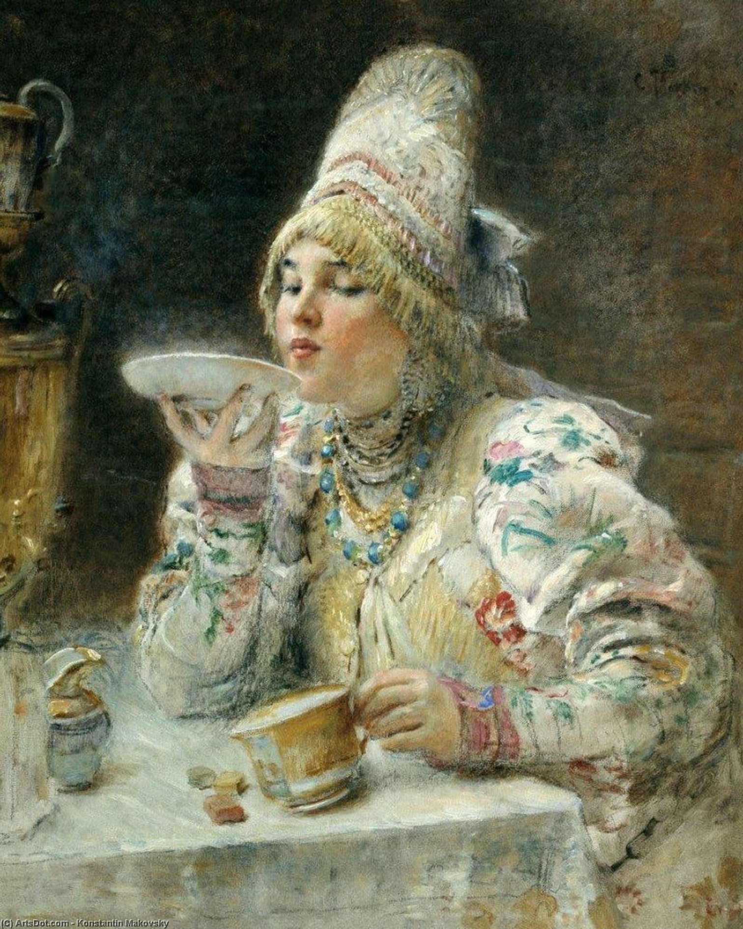 Wikoo.org - موسوعة الفنون الجميلة - اللوحة، العمل الفني Konstantin Yegorovich Makovsky - Tea Drinking