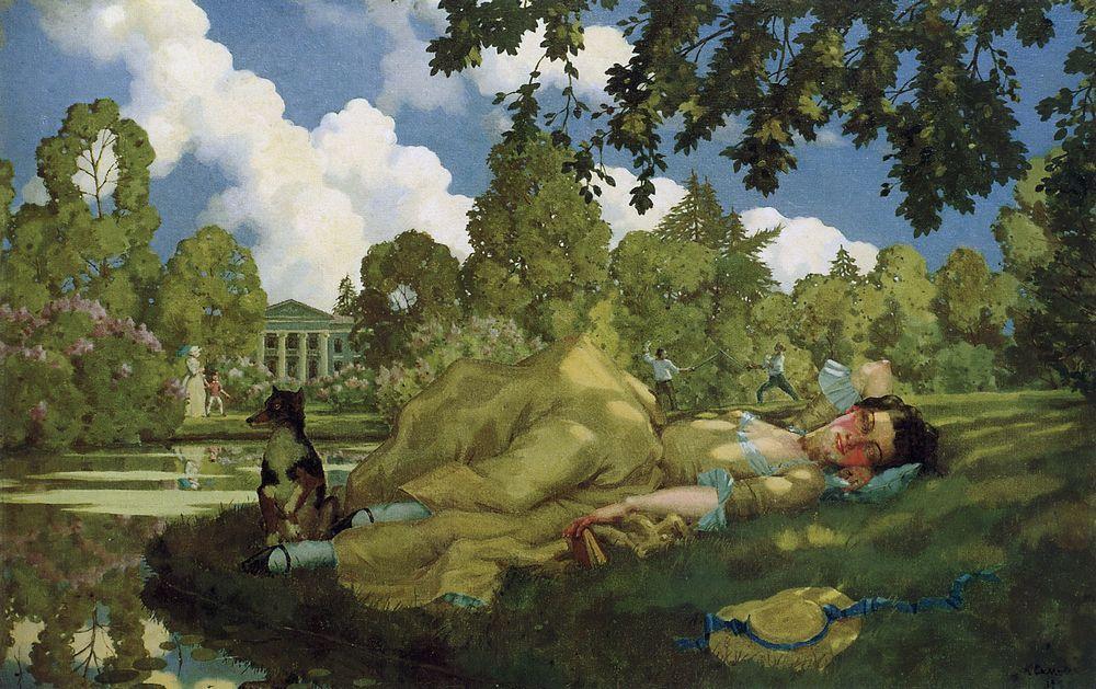 Wikioo.org - The Encyclopedia of Fine Arts - Painting, Artwork by Konstantin Somov - Sleeping Young Woman in Park
