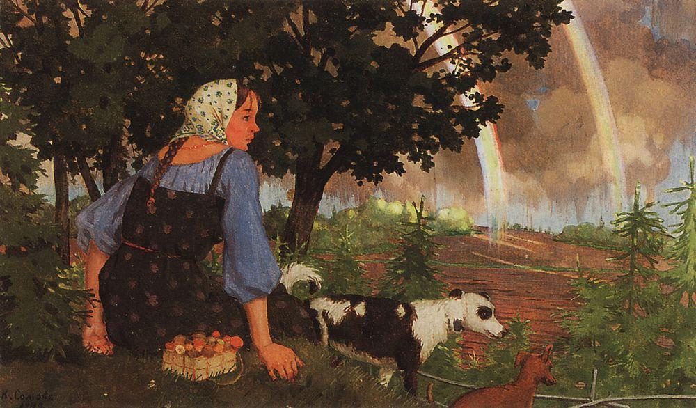 Wikioo.org - The Encyclopedia of Fine Arts - Painting, Artwork by Konstantin Somov - The Girl with the Mushroom under the Rainbow