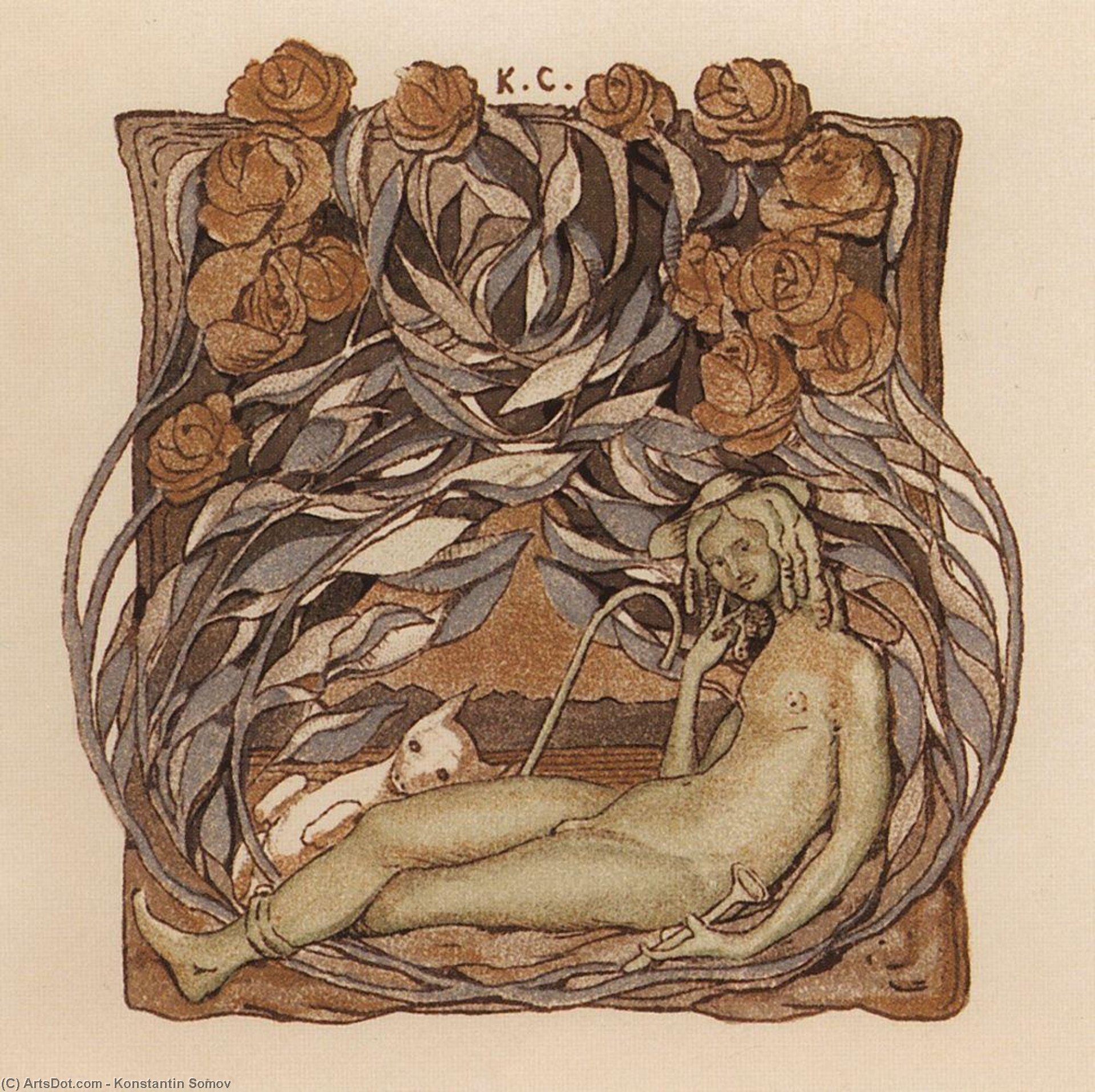 WikiOO.org - 百科事典 - 絵画、アートワーク Konstantin Somov - 裸の の間で 花