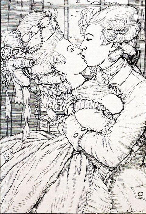 Wikioo.org - The Encyclopedia of Fine Arts - Painting, Artwork by Konstantin Somov - The Kiss. Illustration to the Book of the Marquise