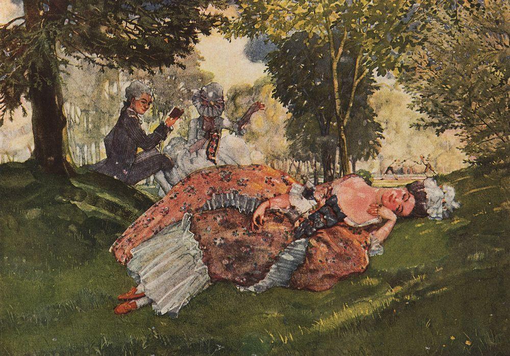 Wikioo.org - The Encyclopedia of Fine Arts - Painting, Artwork by Konstantin Somov - Asleep on the Grass Young Woman