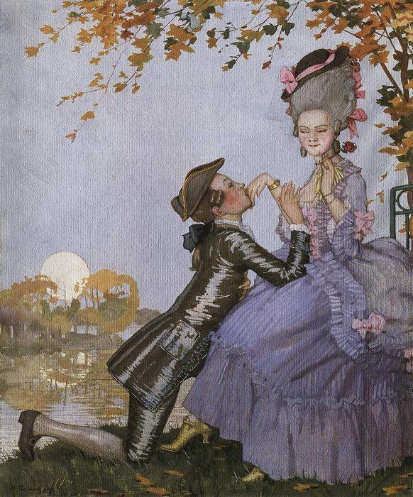 Wikioo.org – L'Enciclopedia delle Belle Arti - Pittura, Opere di Konstantin Somov - Un gioventù in ginocchio nel Front of una signora