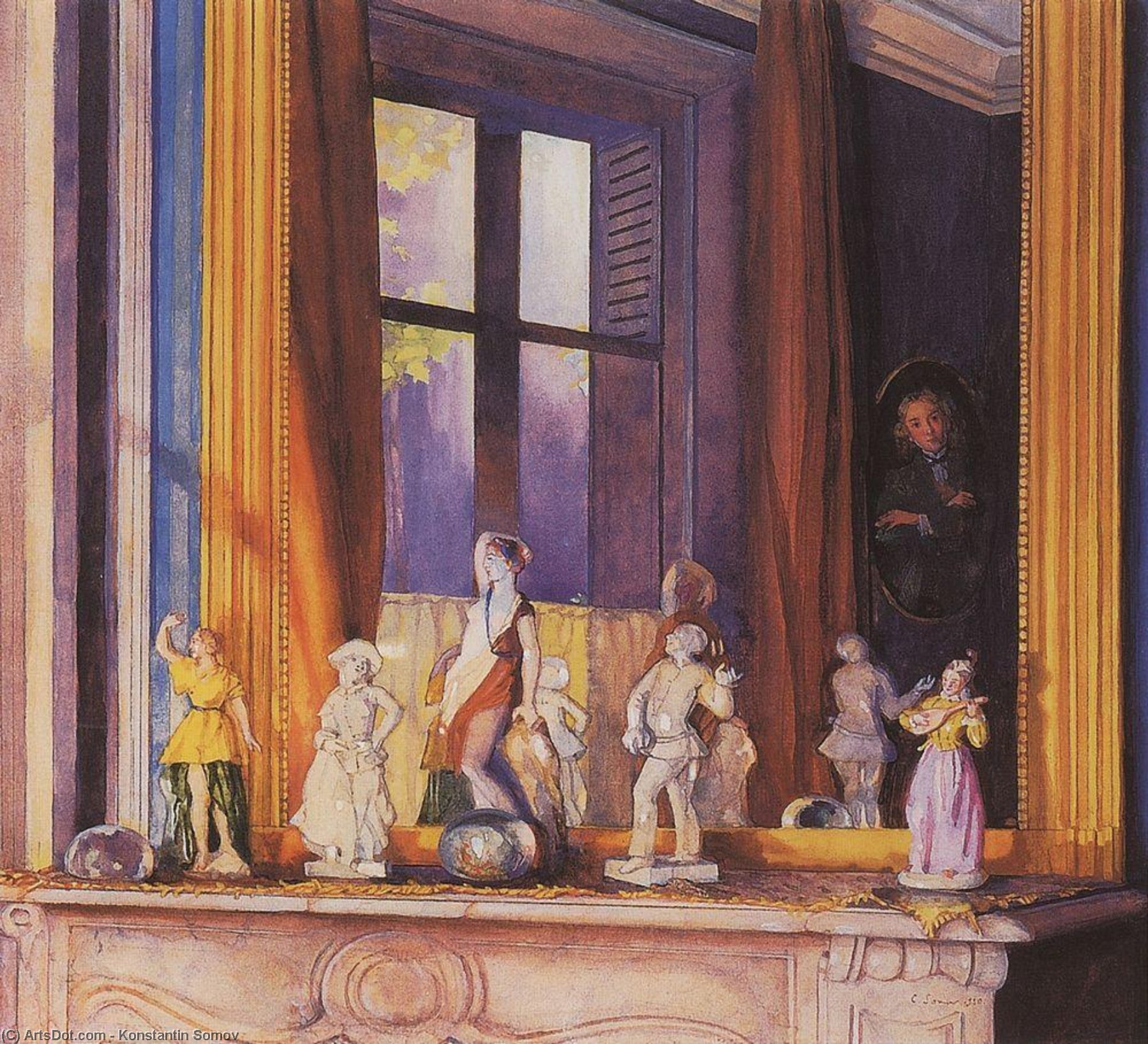 Wikioo.org - The Encyclopedia of Fine Arts - Painting, Artwork by Konstantin Somov - Porcelain Figurines on a Stone Shelf