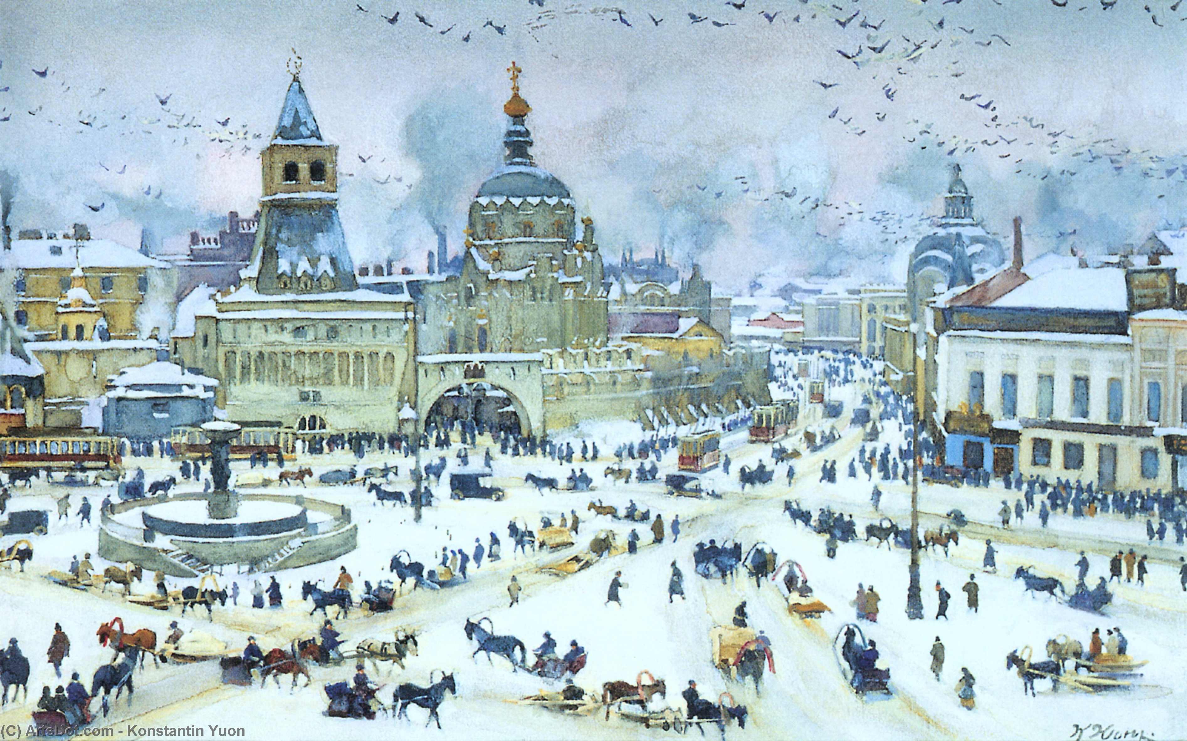 WikiOO.org - Enciklopedija dailės - Tapyba, meno kuriniai Konstantin Yuon - The Lubyanskaya Square in Winter