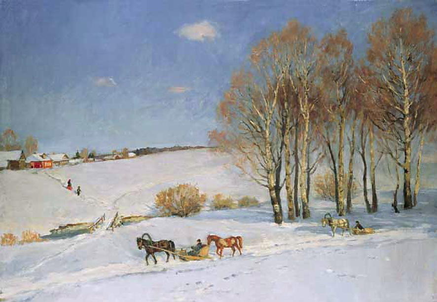 Wikioo.org – L'Enciclopedia delle Belle Arti - Pittura, Opere di Konstantin Yuon - paesaggio invernale con cavallo-disegnato `sleigh`
