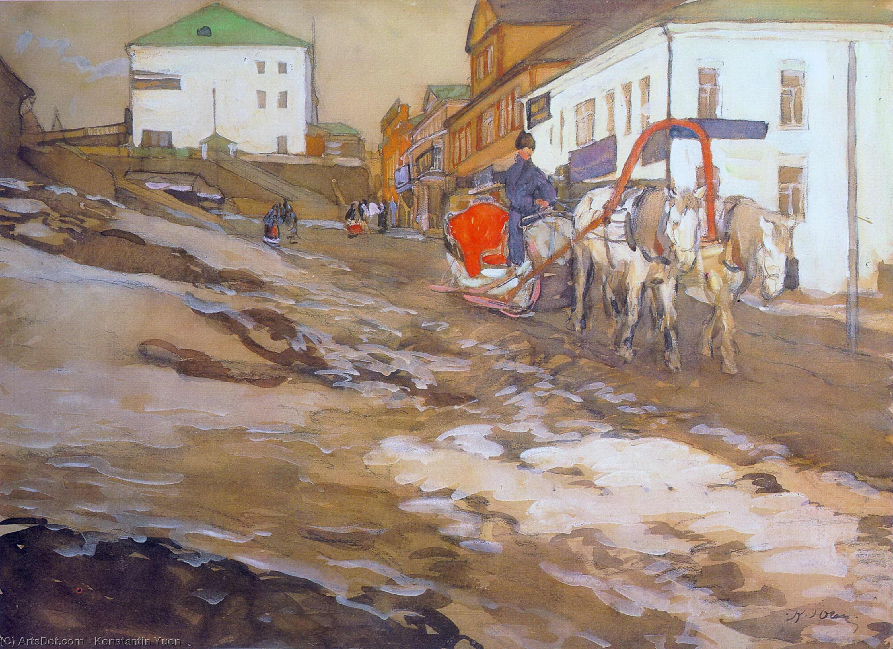 Wikioo.org - The Encyclopedia of Fine Arts - Painting, Artwork by Konstantin Yuon - The Red Sled. The Troitse-Sergiyev Tenements