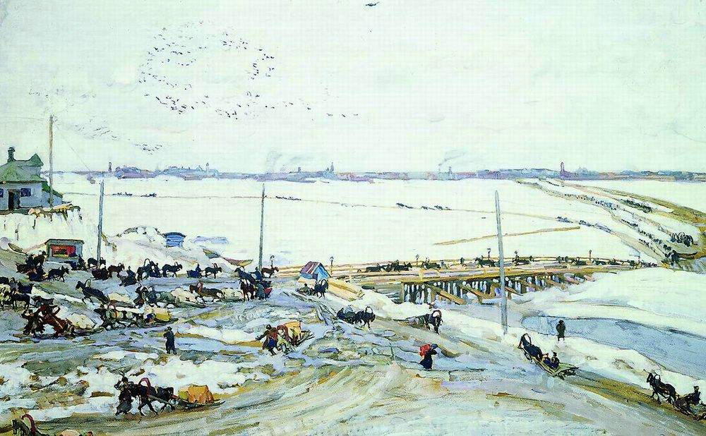 Wikioo.org – La Enciclopedia de las Bellas Artes - Pintura, Obras de arte de Konstantin Yuon - Cruzando a través de Oka. Nizhny Novgorod