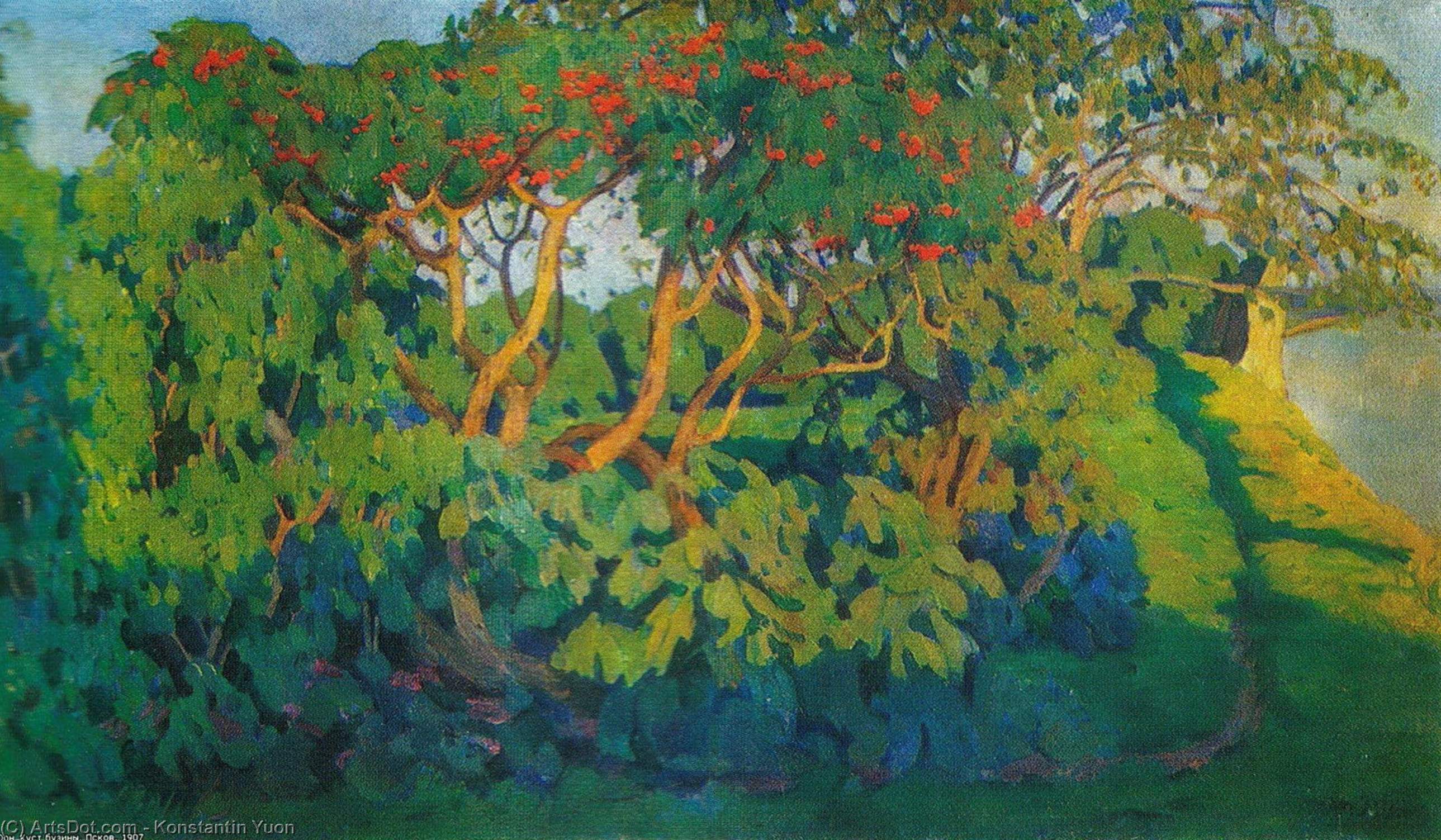 WikiOO.org - Encyclopedia of Fine Arts - Maľba, Artwork Konstantin Yuon - Elderberry bush. Decorative landscape. Pskov