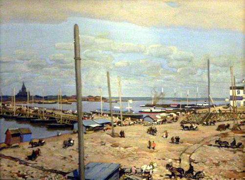 Wikioo.org - The Encyclopedia of Fine Arts - Painting, Artwork by Konstantin Yuon - The bridge across the Oka River in Nizhny Novgorod