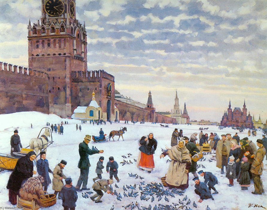 WikiOO.org - Enciclopédia das Belas Artes - Pintura, Arte por Konstantin Yuon - Feeding pigeons in Red Square in the years 1890-1900