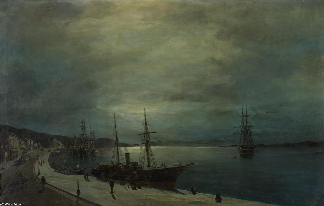 Wikioo.org - The Encyclopedia of Fine Arts - Painting, Artwork by Konstantinos Volanakis - Moonlit harbour