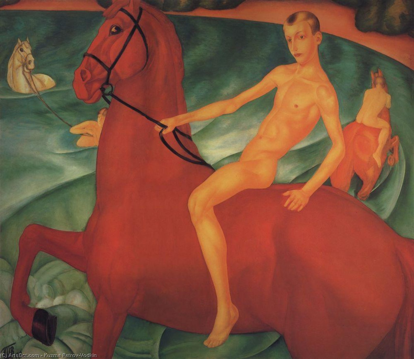 Wikioo.org - The Encyclopedia of Fine Arts - Painting, Artwork by Kuzma Petrov-Vodkin - Bathing of a Red Horse