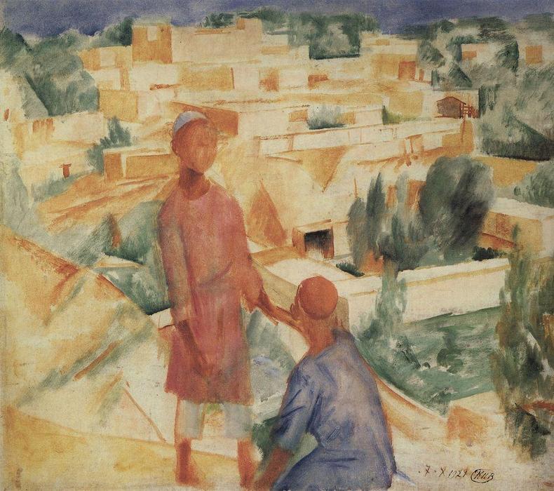 Wikioo.org - The Encyclopedia of Fine Arts - Painting, Artwork by Kuzma Petrov-Vodkin - Boys on the background of the city