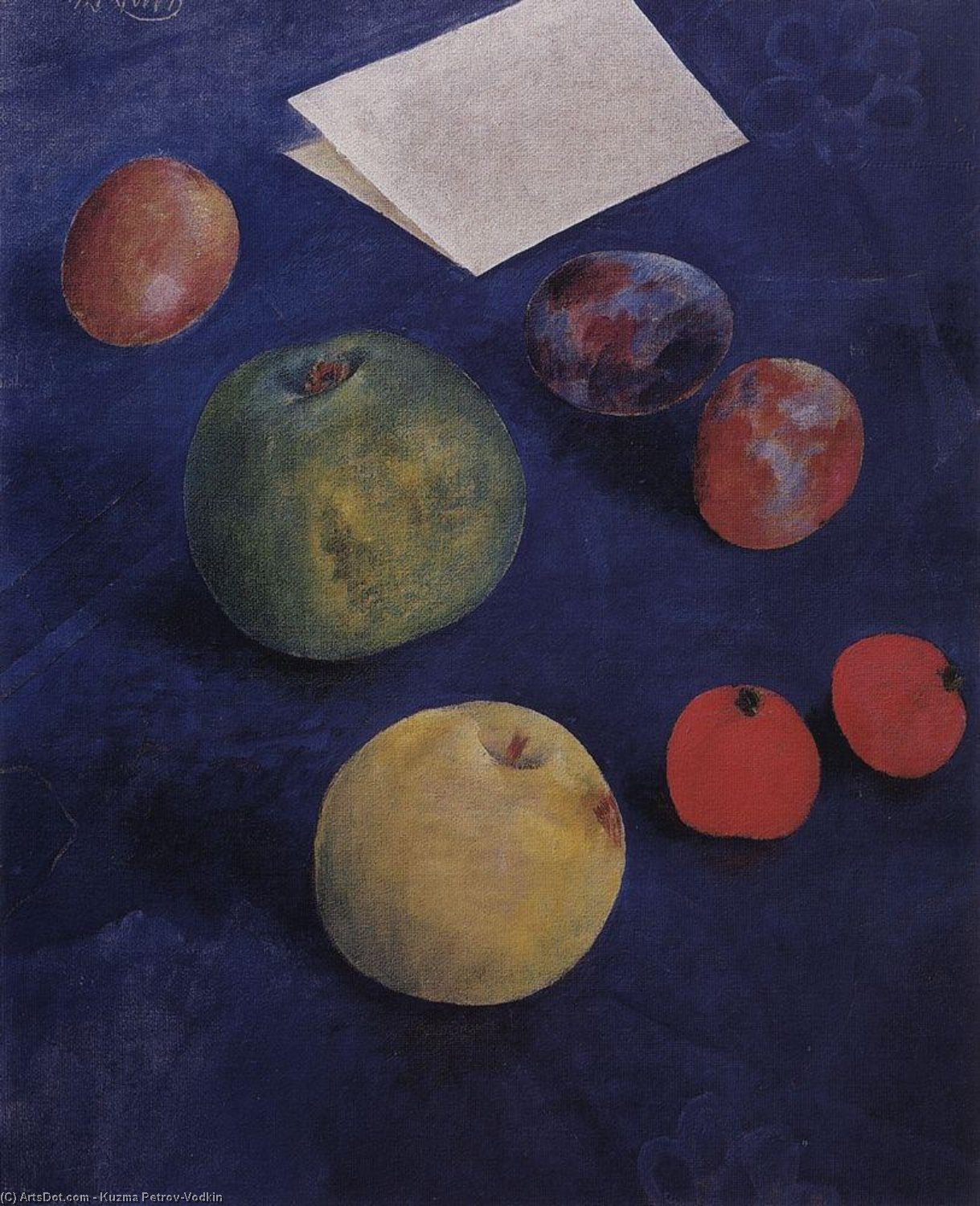 Wikioo.org - The Encyclopedia of Fine Arts - Painting, Artwork by Kuzma Petrov-Vodkin - Fruit on a blue tablecloth