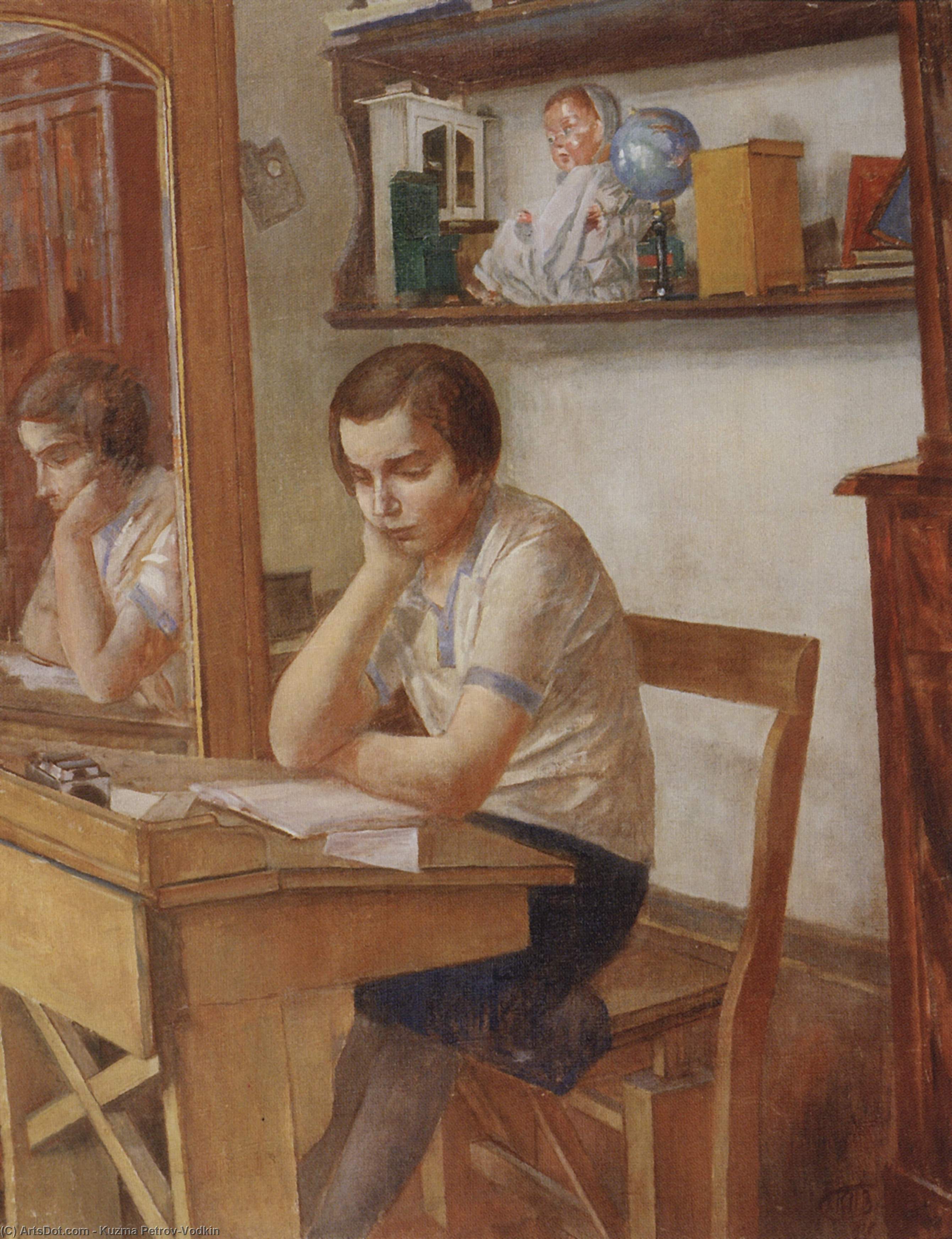 WikiOO.org - אנציקלופדיה לאמנויות יפות - ציור, יצירות אמנות Kuzma Petrov-Vodkin - The girl at the desk