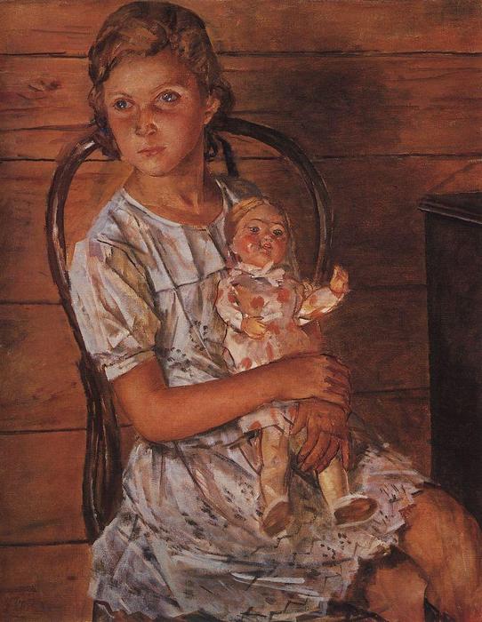 Wikioo.org - The Encyclopedia of Fine Arts - Painting, Artwork by Kuzma Petrov-Vodkin - Girl with a Doll