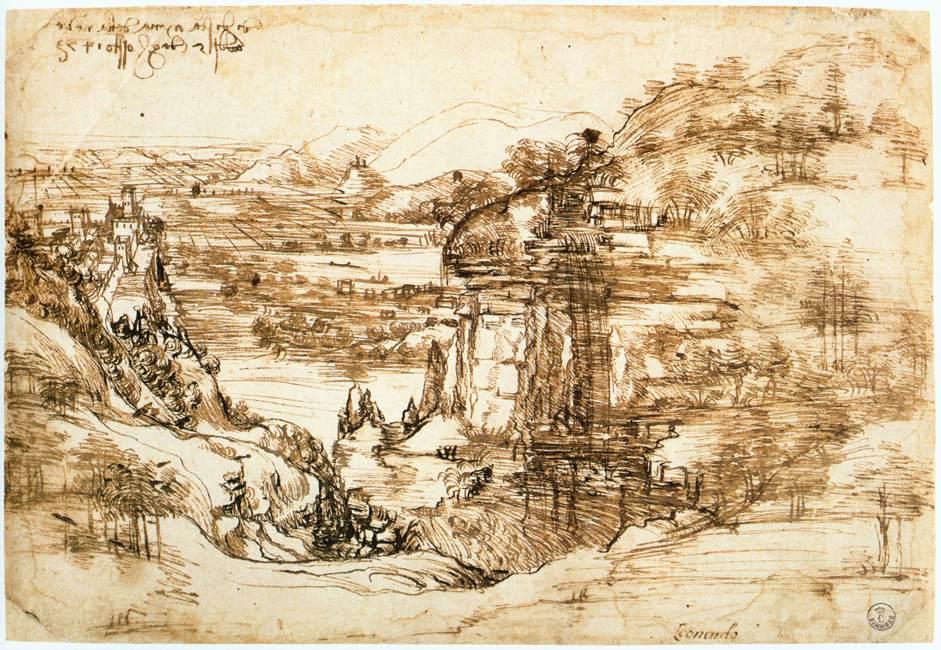 Wikoo.org - موسوعة الفنون الجميلة - اللوحة، العمل الفني Leonardo Da Vinci - Landscape drawing for Santa Maria della Neve