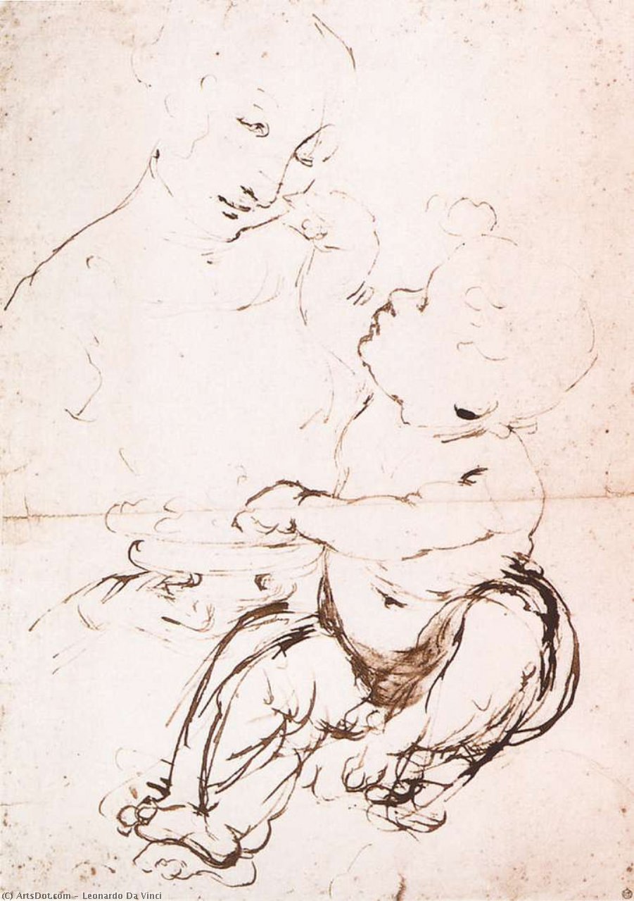 Wikioo.org – La Enciclopedia de las Bellas Artes - Pintura, Obras de arte de Leonardo Da Vinci - estudio para el virgen con el fruta bol
