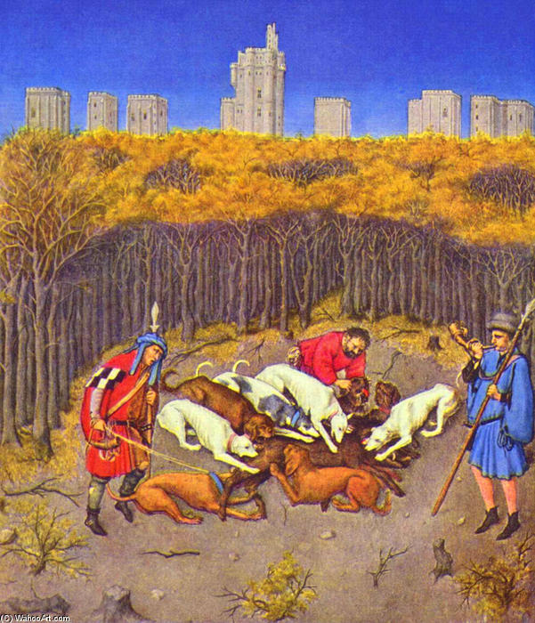Wikioo.org - The Encyclopedia of Fine Arts - Painting, Artwork by Limbourg Brothers - Fascimile of December: Hunting Wild Boar