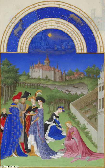 WikiOO.org - Encyclopedia of Fine Arts - Lukisan, Artwork Limbourg Brothers - April: Courtly Figures in the Castle Grounds