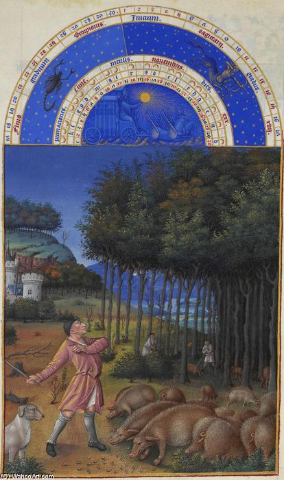 Wikioo.org - The Encyclopedia of Fine Arts - Painting, Artwork by Limbourg Brothers - November: Feeding Acorns to the Pigs
