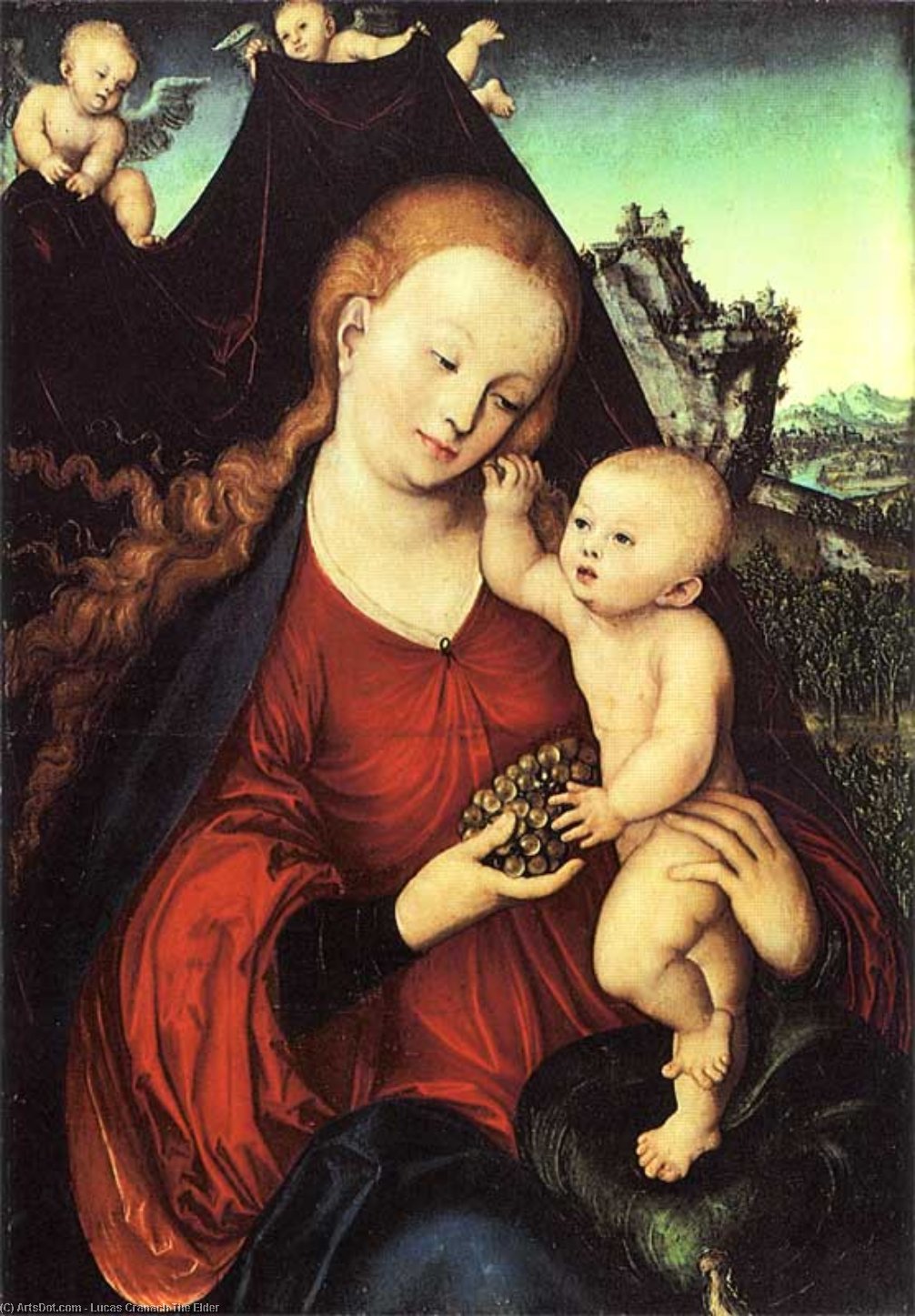 Wikoo.org - موسوعة الفنون الجميلة - اللوحة، العمل الفني Lucas Cranach The Elder - Madonna and Child with a Bunch of Grapes