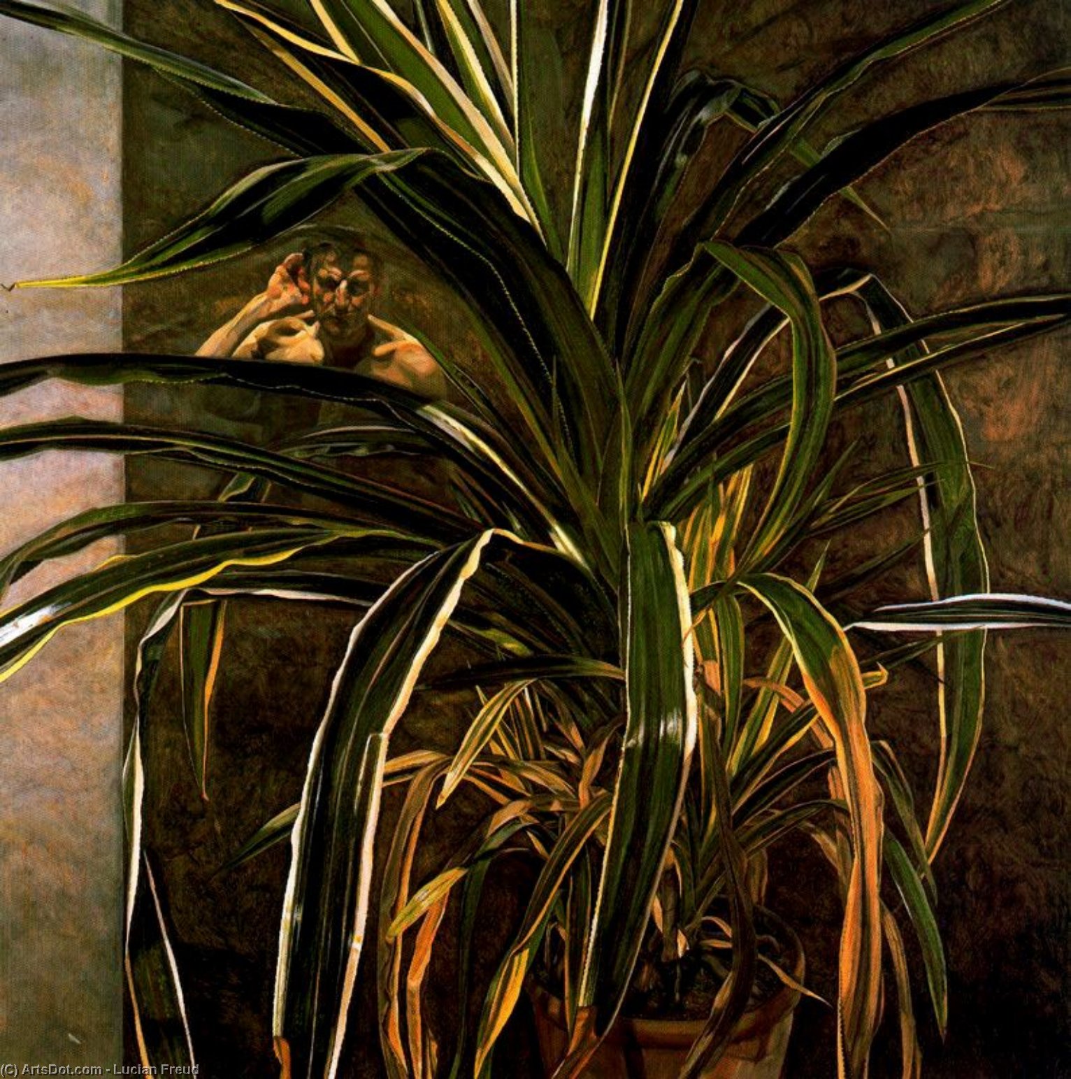 WikiOO.org - Encyclopedia of Fine Arts - Lukisan, Artwork Lucian Freud - Interior with Plant, Reflection Listening (Self-Portrait)