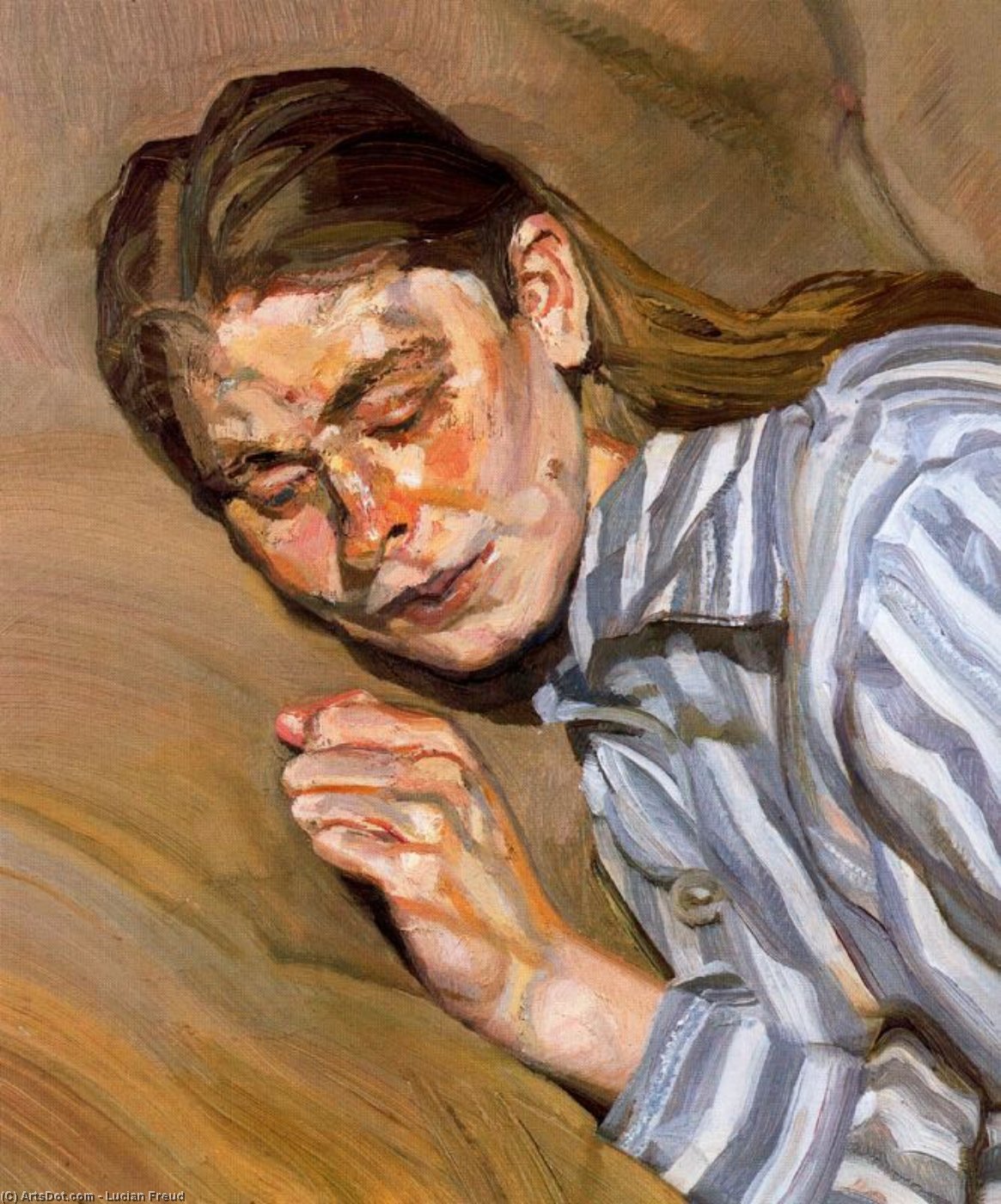WikiOO.org - Encyclopedia of Fine Arts - Maalaus, taideteos Lucian Freud - Girl in Striped Nightshirt