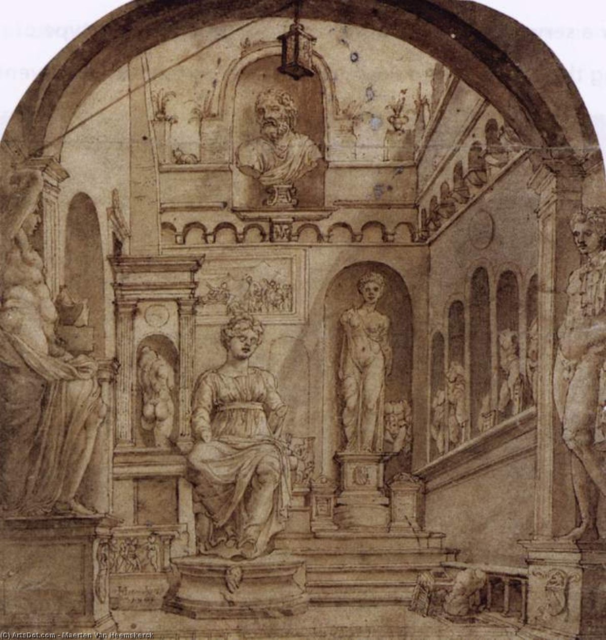 Wikioo.org - สารานุกรมวิจิตรศิลป์ - จิตรกรรม Maarten Van Heemskerck - Sculpture Court of the Casa Sassi in Rome