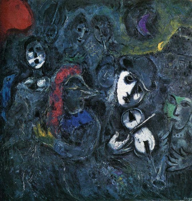 Wikioo.org - The Encyclopedia of Fine Arts - Painting, Artwork by Marc Chagall - The street performers in the night