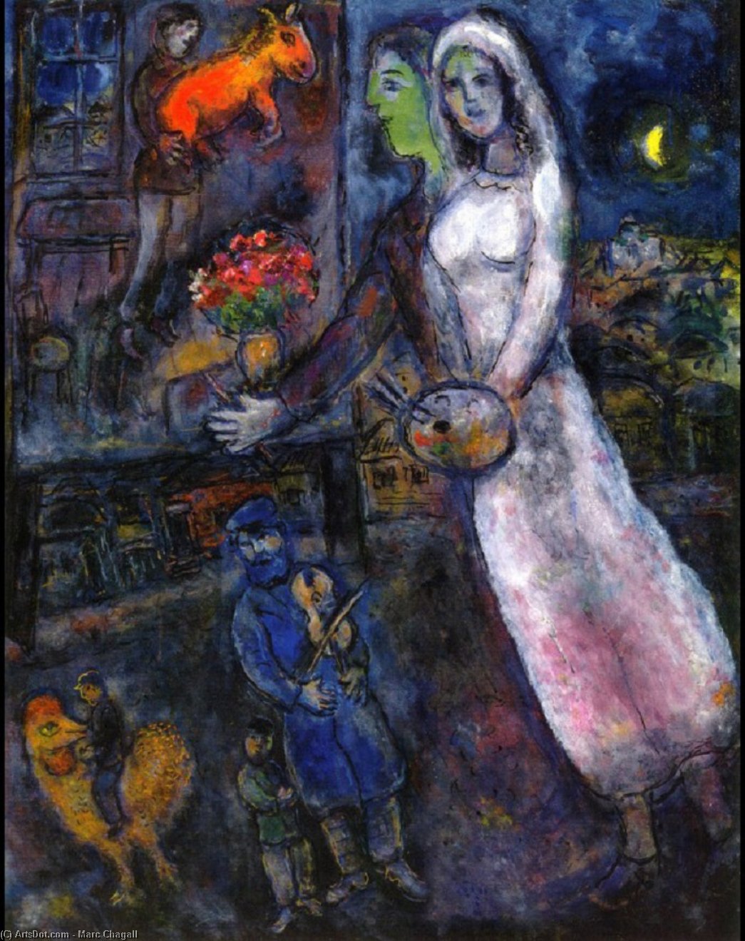 Wikioo.org - The Encyclopedia of Fine Arts - Painting, Artwork by Marc Chagall - Newlyweds and Violinist