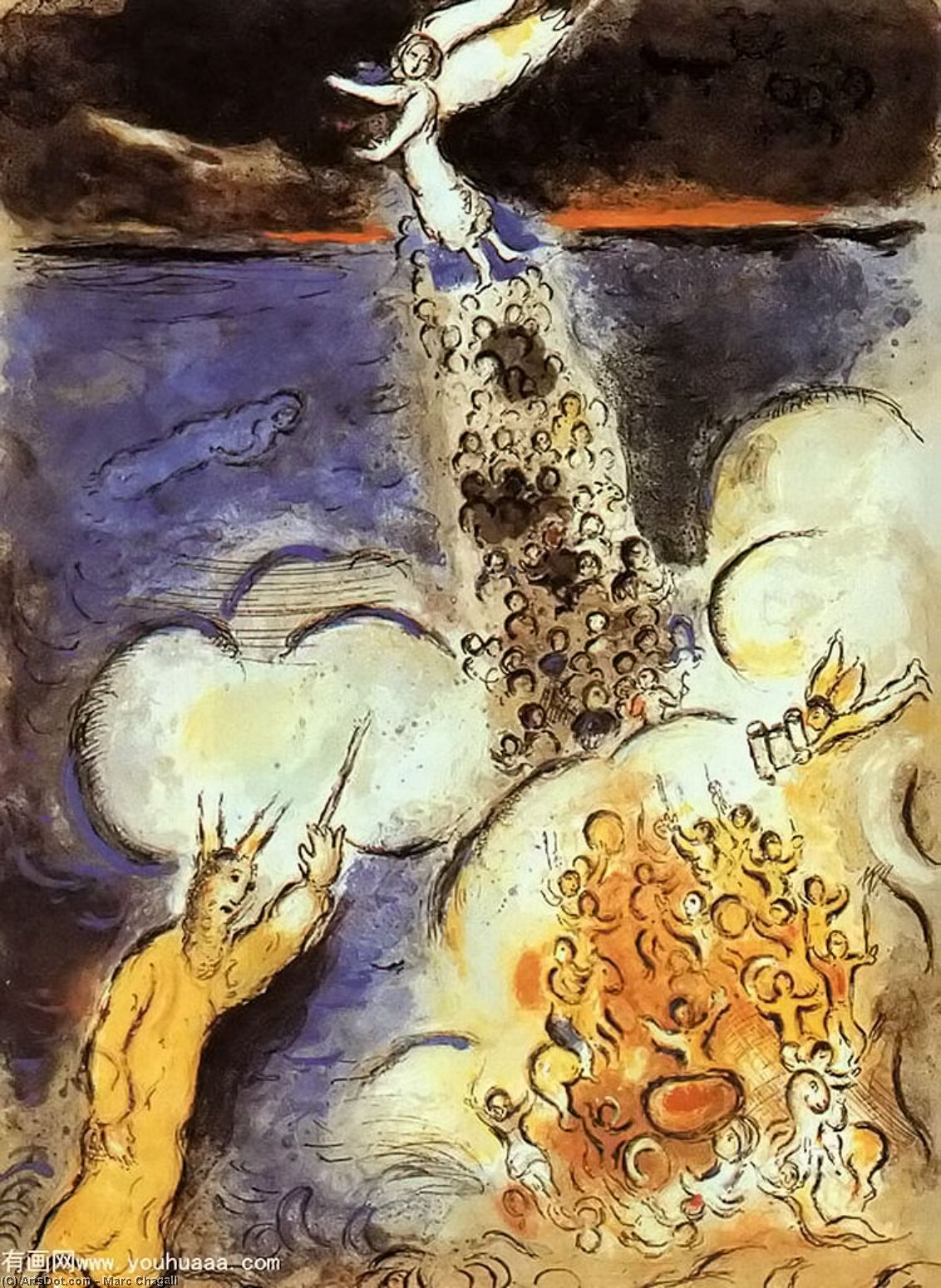 Wikioo.org - Bách khoa toàn thư về mỹ thuật - Vẽ tranh, Tác phẩm nghệ thuật Marc Chagall - Moses calls the waters down upon the Egyptian army