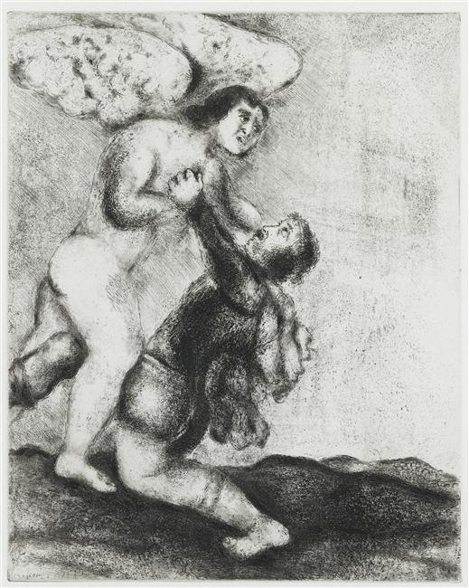 Wikioo.org - Bách khoa toàn thư về mỹ thuật - Vẽ tranh, Tác phẩm nghệ thuật Marc Chagall - Jacob wrestling with the angel (Genesis, XXXII, 24 30)