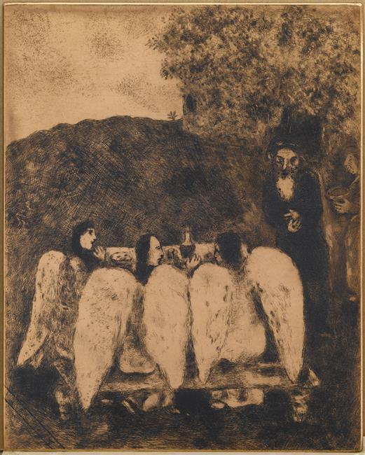 Wikioo.org - Bách khoa toàn thư về mỹ thuật - Vẽ tranh, Tác phẩm nghệ thuật Marc Chagall - Three angels visit Abraham (Genesis, XVIII, 1 8)