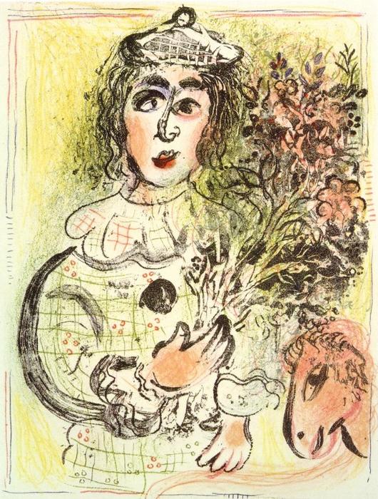 WikiOO.org - Encyclopedia of Fine Arts - Lukisan, Artwork Marc Chagall - Clown with flowers