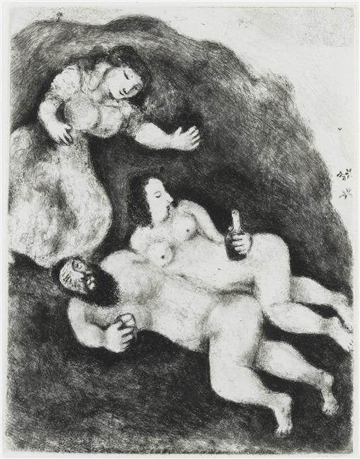 Wikioo.org – La Enciclopedia de las Bellas Artes - Pintura, Obras de arte de Marc Chagall - Lot y sus hijas (Génesis, XIX, 31 35)