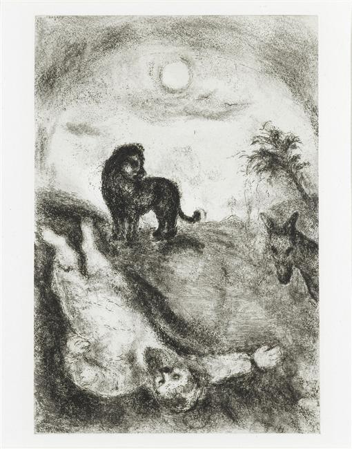 WikiOO.org - Encyclopedia of Fine Arts - Maľba, Artwork Marc Chagall - Rebellious prophet was killed by a lion (I Kings, XIII, 24 28)