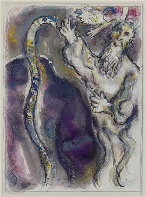 Wikioo.org - Bách khoa toàn thư về mỹ thuật - Vẽ tranh, Tác phẩm nghệ thuật Marc Chagall - God Turns Moses' Staff into a Serpent