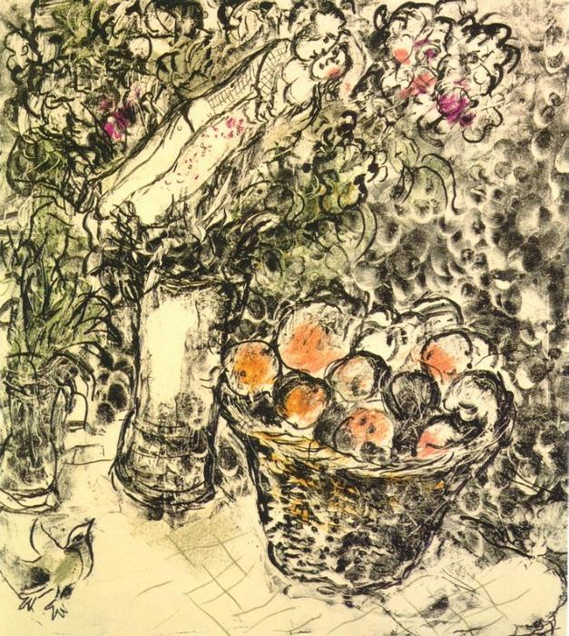 WikiOO.org - Encyclopedia of Fine Arts - Maalaus, taideteos Marc Chagall - Couple and basket with fruits