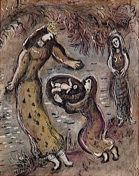 WikiOO.org - Энциклопедия изобразительного искусства - Живопись, Картины  Marc Chagall - Моисей сохраняется из вода по Pharaoh's дочерью