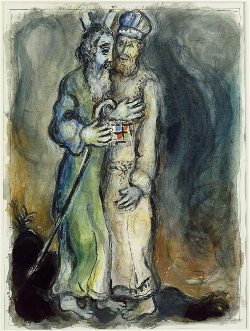 WikiOO.org - Encyclopedia of Fine Arts - Lukisan, Artwork Marc Chagall - God sends Aaron to meet Moses in the desert