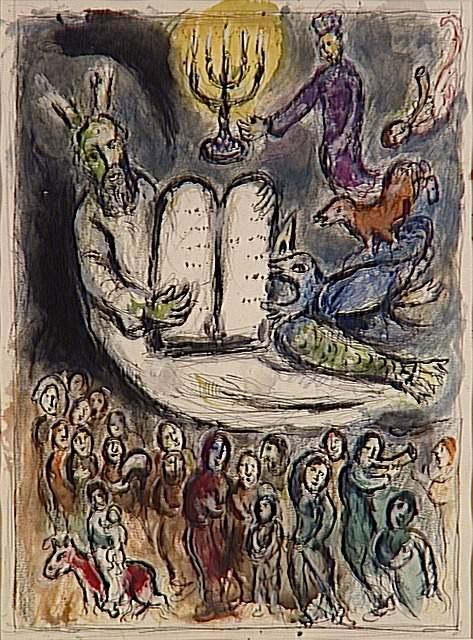 Wikioo.org - Bách khoa toàn thư về mỹ thuật - Vẽ tranh, Tác phẩm nghệ thuật Marc Chagall - Moses called the elders and presents Tablets of Law
