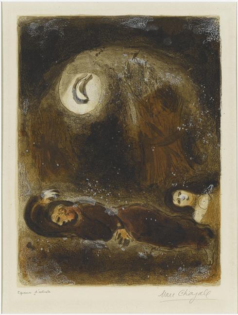 Wikioo.org - The Encyclopedia of Fine Arts - Painting, Artwork by Marc Chagall - Ruth at the feet of Boaz