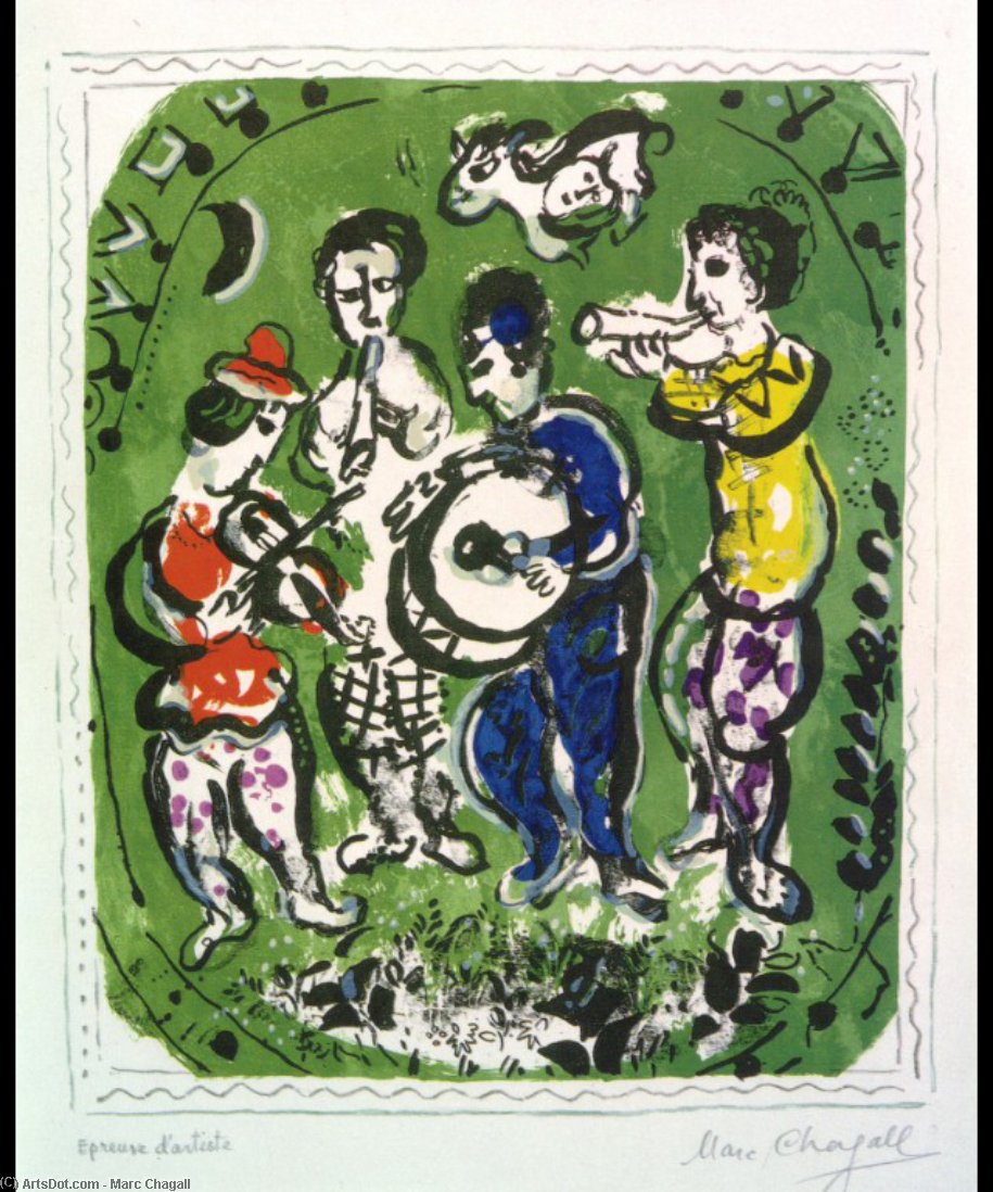 WikiOO.org - Encyclopedia of Fine Arts - Lukisan, Artwork Marc Chagall - Musicians on a green background