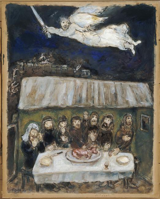 Wikioo.org - Bách khoa toàn thư về mỹ thuật - Vẽ tranh, Tác phẩm nghệ thuật Marc Chagall - The Israelites are eating the Passover Lamb